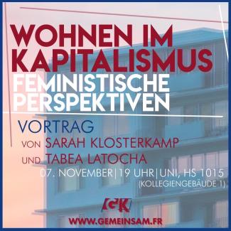 Bild mit Slogan: Wohnen im Kapitalismus, Feministische Perspektiven, Vortrag am 7.11.24