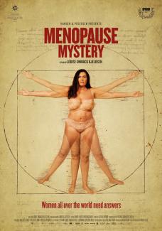Das Poster des Films „Menopause Mystery“. Auf einem beigen Hintergrund im Stil einer historischen Skizze steht eine Frau in Unterwäsche im Zentrum einer dem vitruvianischen Menschen nachempfundenen Grafik mit ausgestreckten Armen und Beinen. Über der Illustration steht der Titel in großer, dunkelroter Schrift, während am unteren Rand eine Tagline, die Namen der Mitwirkenden und Produktionslogos platziert sind.